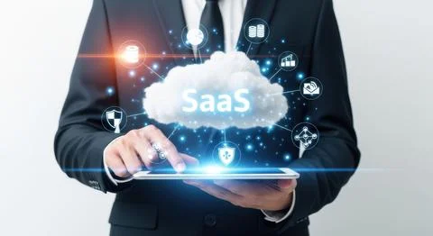 Business person interacting with cloud computing services through digital t.. 스톡 일러스트