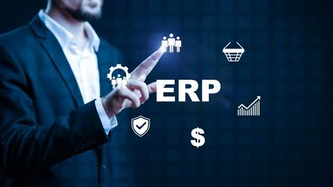Business person interacts with ERP software using a touch screen in an office Stock Photos