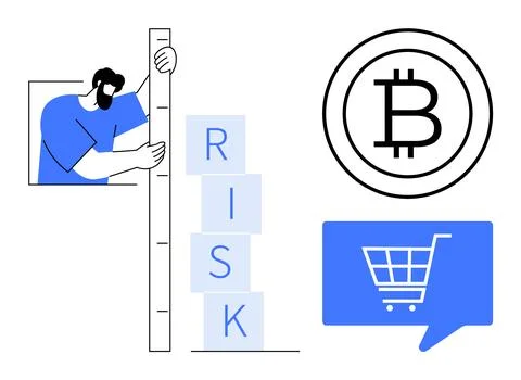 Business person measuring risk with stack of blocks, Bitcoin symbol, and e-.. Stock Illustration
