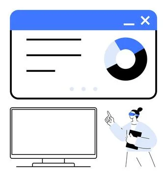 Business person presenting data analysis with screen and charts in modern m.. Illustrazione stock
