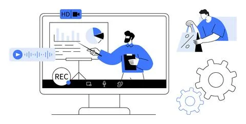 Business person presenting data on screen, shopping activity, and gear icons. Stock Illustration