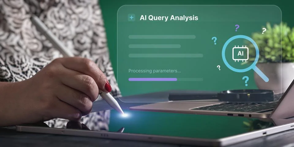 Business person processing data with AI. Digital tablet screen showing artifi Stockfoto's