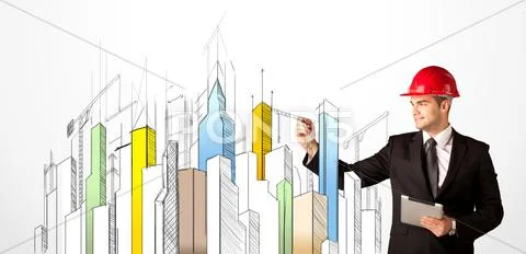 Business person sketching a city sight Stock Photos
