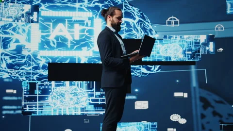 Business person studies artificial intelligence strategy and automation tools Video stock 310972098