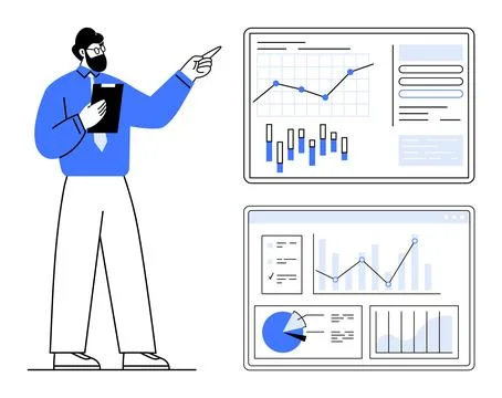 Business person with a tablet pointing at data charts and graphs on two scree Illustrazione stock