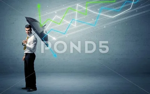 Business person with umbrella and stock market arrows concept Stock Photos
