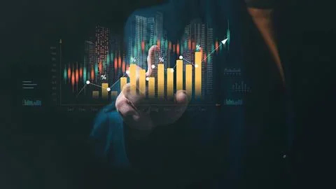 Business person using digital graph and charts on screen Stock Photos