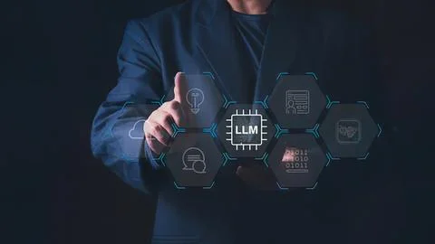 Business person using digital interface with llm in dark Foto stock