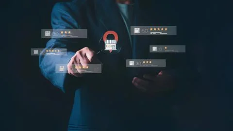 Business person using digital security icons on screen Stock Photos