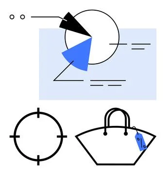Business pie chart with data segments, target focus icon, and a handbag with  Illustrazione stock