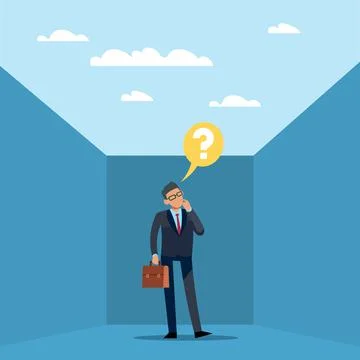 Business pitfall. Difficult task. Confused businessman in suit thinking about Stockillustratie