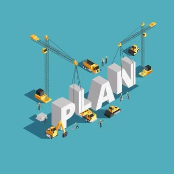 Business plan creation 3d isometric vector concept with workers and construction Illustrazione stock