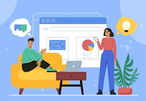 Business plan development. Man and woman near graphs and charts. Workers with Stock Illustration