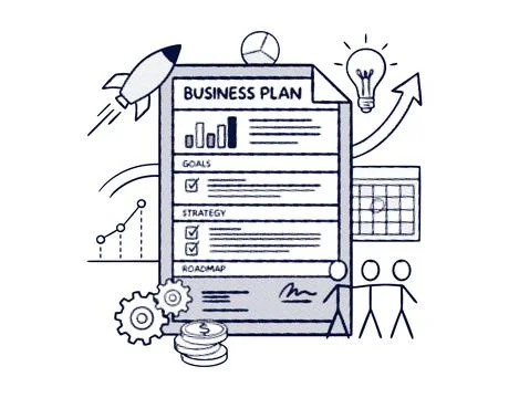 Business plan document with strategy goals and roadmap. Illustration