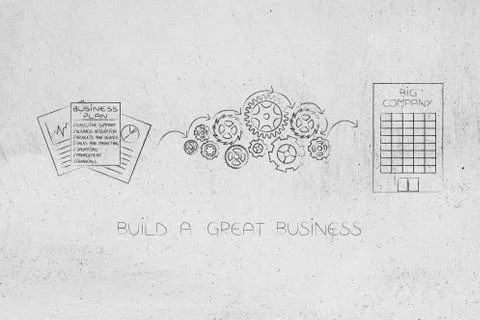 Business plan documents being processed by gearwheels into creating a big com 스톡 일러스트