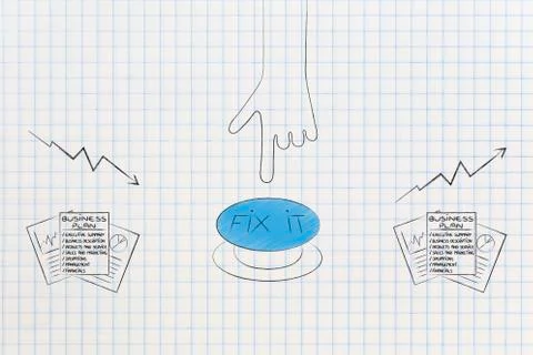 Business plan documents with hand pushing button to fix stats from bad to gre イラスト素材