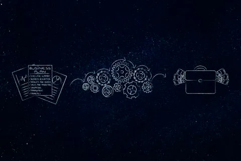 Business plan processed by gearwheels into creating profits with bag of cash  Illustrazione stock