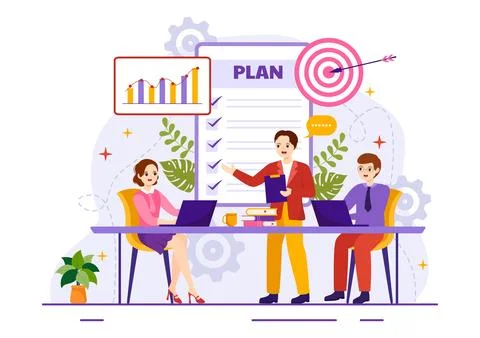Business Plan Vector Illustration with Target, Planning, Workflow, Time Man.. Stock Illustration