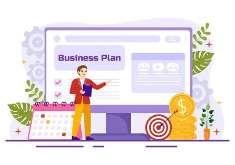Business Plan Vector Illustration with Target, Planning, Workflow, Time Man.. Stock Illustration