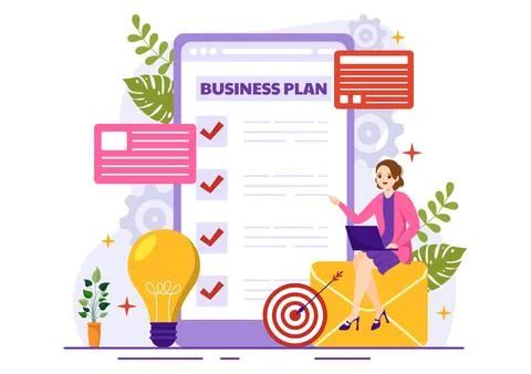 Business Plan Vector Illustration with Target, Planning, Workflow, Time Man.. 스톡 일러스트