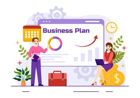 Business Plan Vector Illustration with Target, Planning, Workflow, Time Man.. Stock Illustration