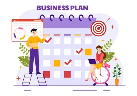 Business Plan Vector Illustration with Target, Planning, Workflow, Time Man.. 스톡 일러스트