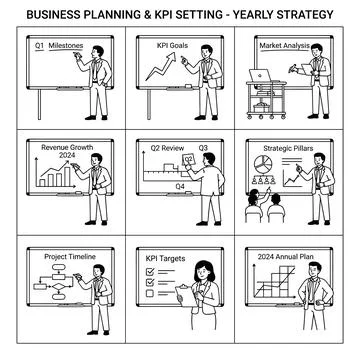 Business planning and KPI setting yearly strategy, corporate goals and targ.. Ilustração Stock