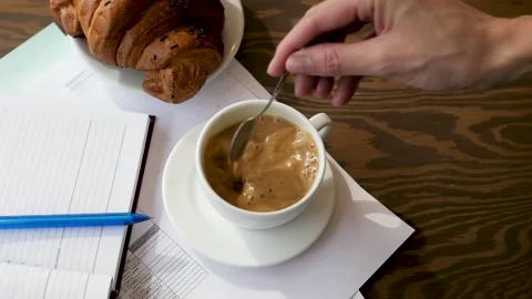 Business planning concept. Notepad, pencil, croissant and coffee on a wooden Stock-Footage 139579369