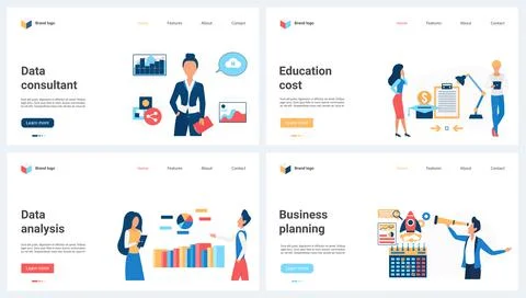 Business planning, data analysis and consulting, education cost set and tiny Stock Illustration