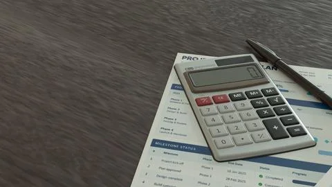 Business Planning Documents with Calculator and Pen on Office Desk 3d render. Stock Illustration