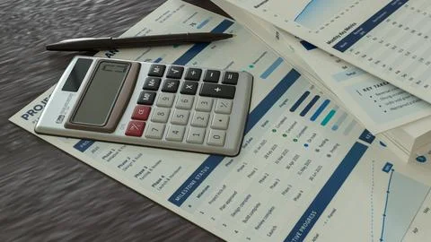 Business Planning Documents with Calculator and Pen on Office Desk 3d render. Stock Illustration