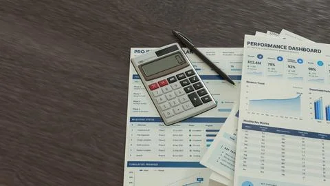 Business Planning Documents with Calculator and Pen on Office Desk 3d render. Stock Illustration