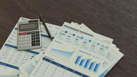 Business Planning Documents with Calculator and Pen on Office Desk 3d render. Stock Illustration