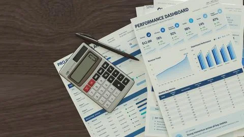 Business Planning Documents with Calculator and Pen on Office Desk 3d render. Stock Illustration
