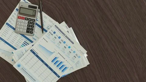 Business Planning Documents with Calculator and Pen on Office Desk 3d render. Stock Illustration