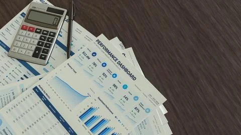 Business Planning Documents with Calculator and Pen on Office Desk 3d render. Illustrazione stock