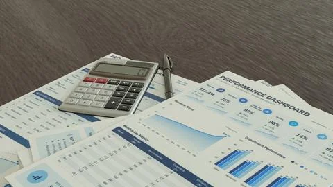 Business Planning Documents with Calculator and Pen on Office Desk 3d render. Stock Illustration
