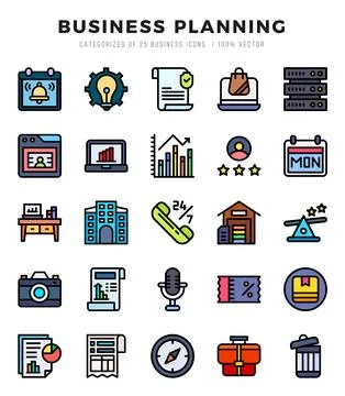 Business Planning elements. Lineal Color web icon set. Simple vector illust.. Stock Illustration