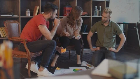 Business planning process. Startup team analyse market. Brainstorming group Stock Footage 91394198