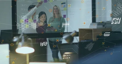 In business planning, team placing notes on glass board with hexagon overlay Stock Footage 315548441