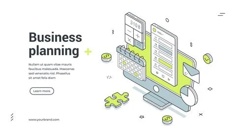 Business planning time management computer workflow isometric web banner desi Stock Illustration