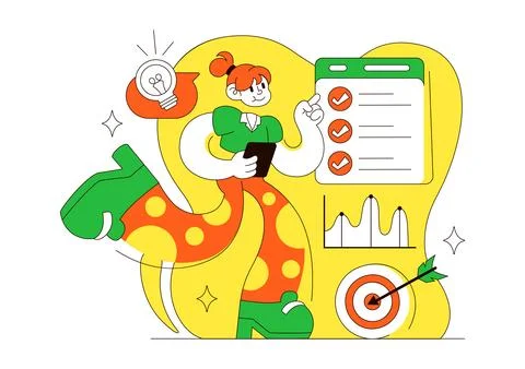 Business Planning Vector Illustration Featuring Strategic Goals, Checklist,.. Stock Illustration