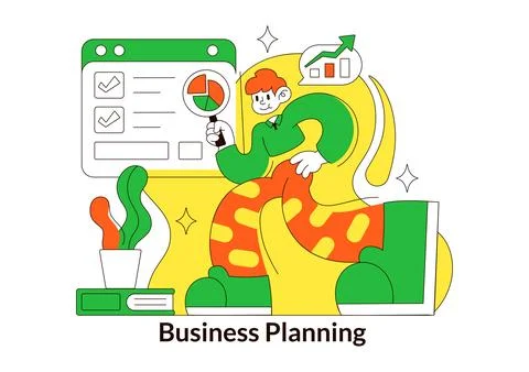 Business Planning Vector Illustration Featuring Strategic Goals, Checklist,.. Stock Illustration