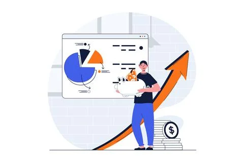 Business planning web concept with character scene. Man showing data presenta イラスト素材