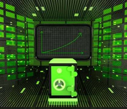 Business positive graph forecast or results with bank vault illustration Ilustración de archivo