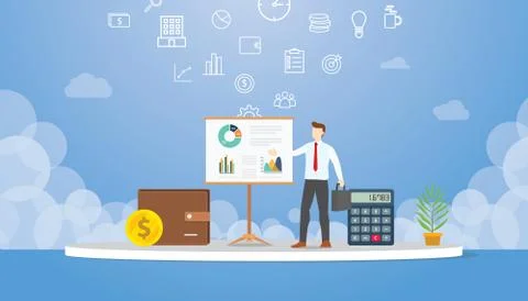 Business presentation concept with man present some graph and chart report da Stock Illustration