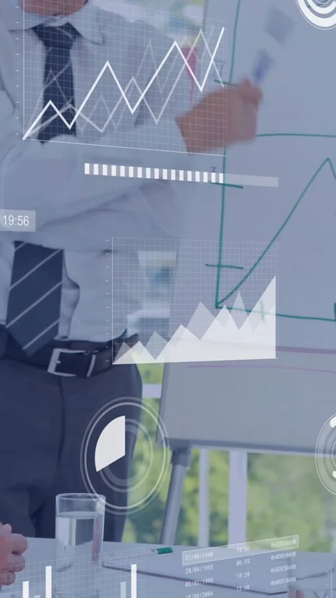 Business presentation with data analytics animation over diverse professionals Stock Footage 344783945