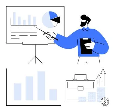 Business presentation with data charts, professional making a point on grow.. Stock Illustration