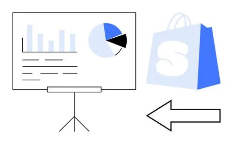 Business Presentation Displaying Sales Data with Shopping Bag and Arrow Symbo Illustrazione stock