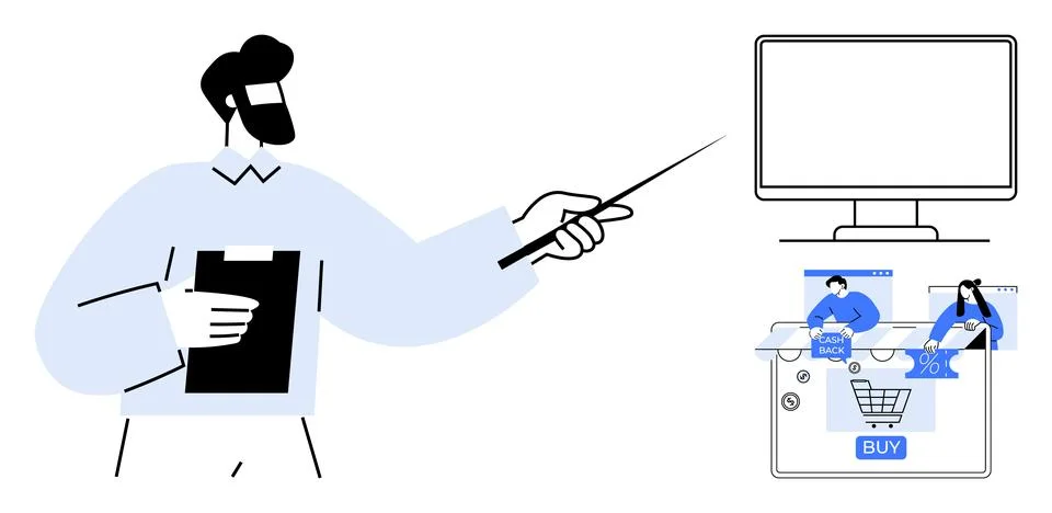 Business Presentation on E-commerce Solutions with Tablet and Pointer Stock Illustration